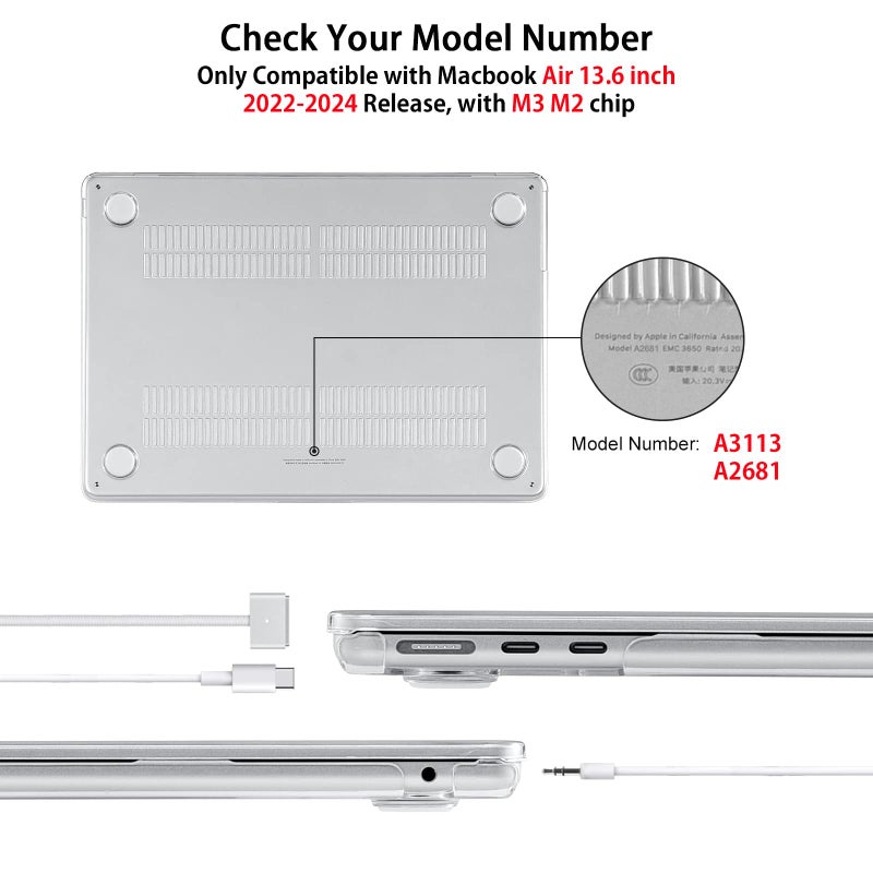 إيوكو حافظة EooCoo متوافقة مع جهاز MacBook Air 13 بوصة إصدار 2024-2022 M3 M2 A3113 A2681 غطاء صلب لامع وغطاء جلدي للوحة المفاتيح وواقي شاشة لجهاز Mac Air 13.6 بوصة شفاف لامع - Image 5